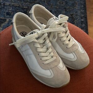 Tory Burch White & Beige Low-Top leather neutral Suede-Trim Sneakers 6.5